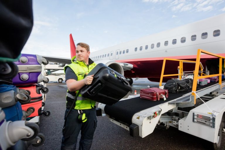 Un bagagiste décharge la soute d'un avion