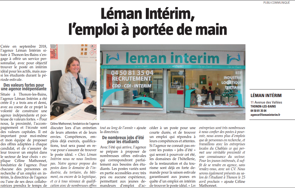 Article de presse sur leman interim