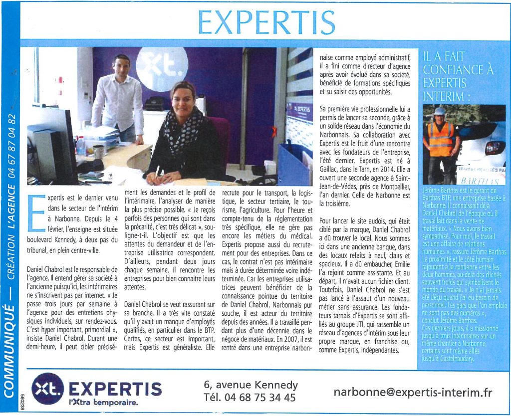 L'article d'Expertis Intérim Narbonne dans le journal l'indépendant