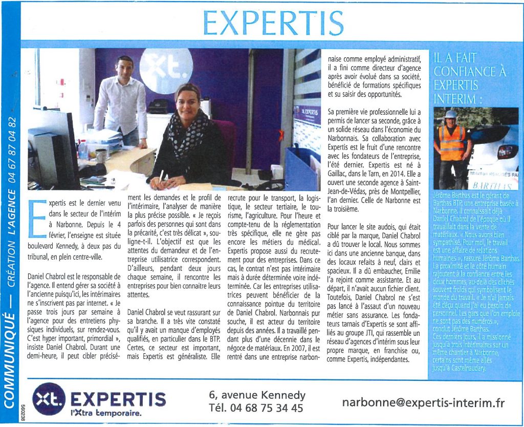 L'article d'Expertis Intérim Narbonne dans le journal l'indépendant
